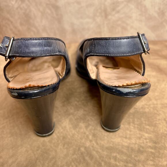 Vintage 40s Gold Cross Shoe Pumps Blue Heels Decorative Wrap Blue Open Toe Retro - Picture 6 of 13